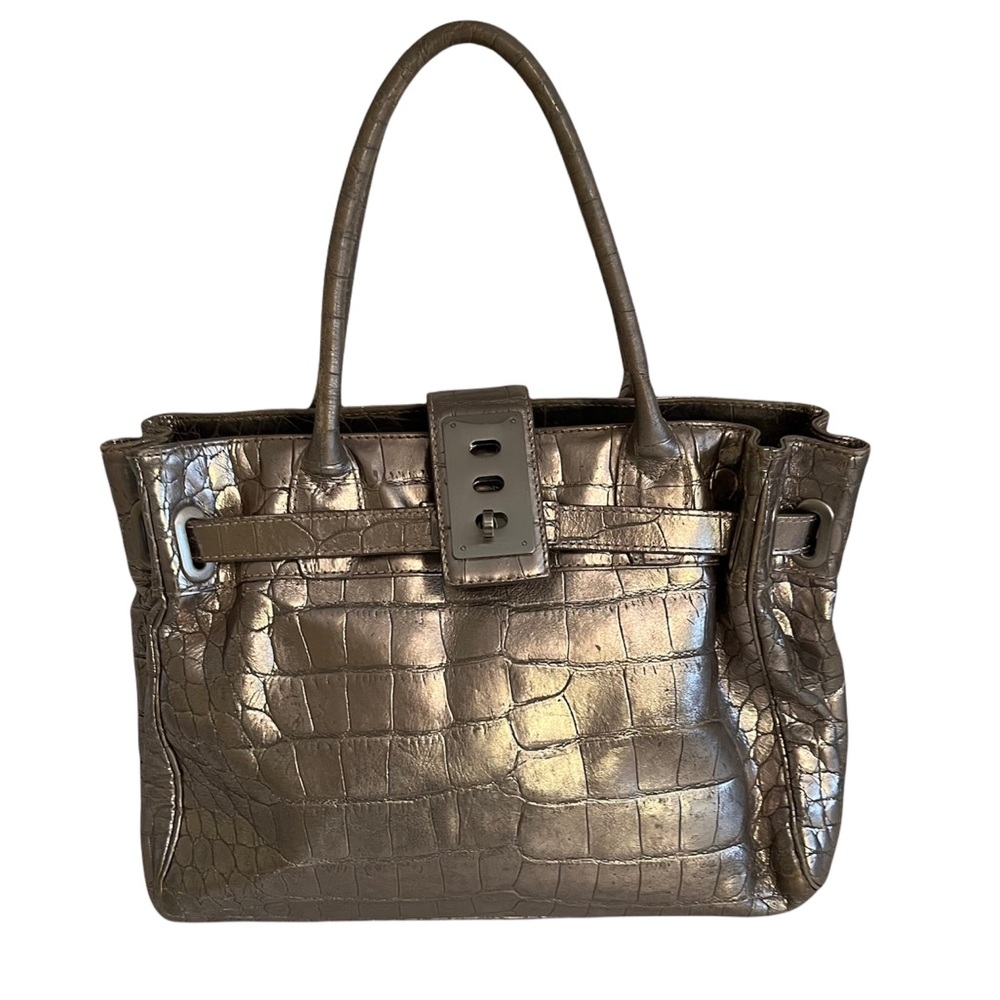 Donald J. Pliner Silver Reptile Embossed Satchel